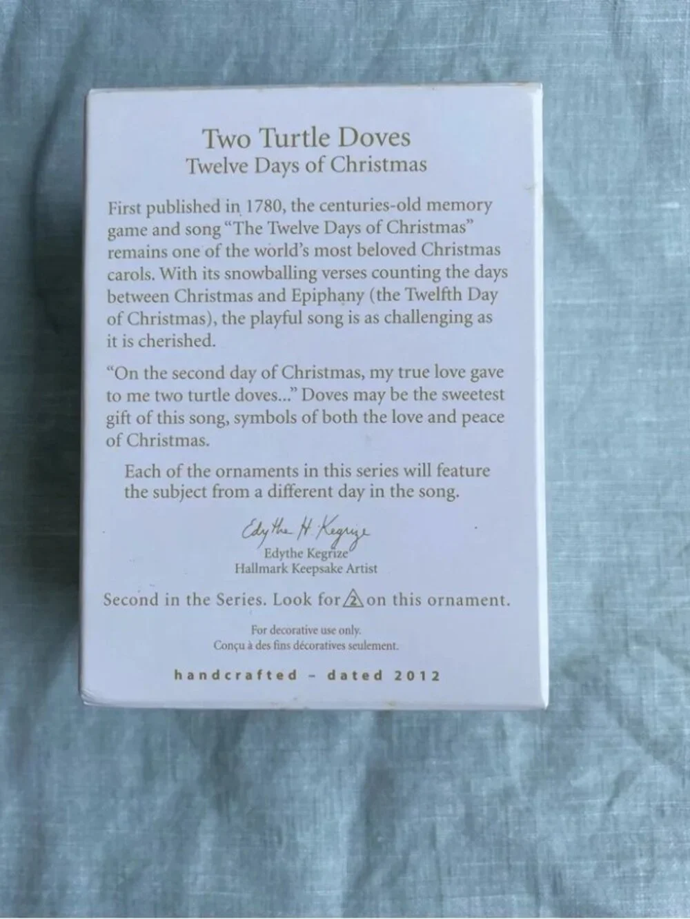 NWT Hallmark 2012 Two Turtle Doves 12 Days of Christmas bird ornament